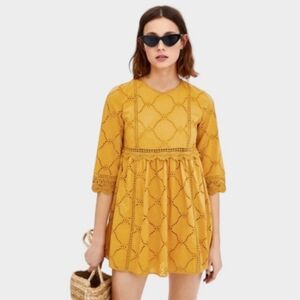 Zara Yellow Eyelet Romper Mini Dress in Size M